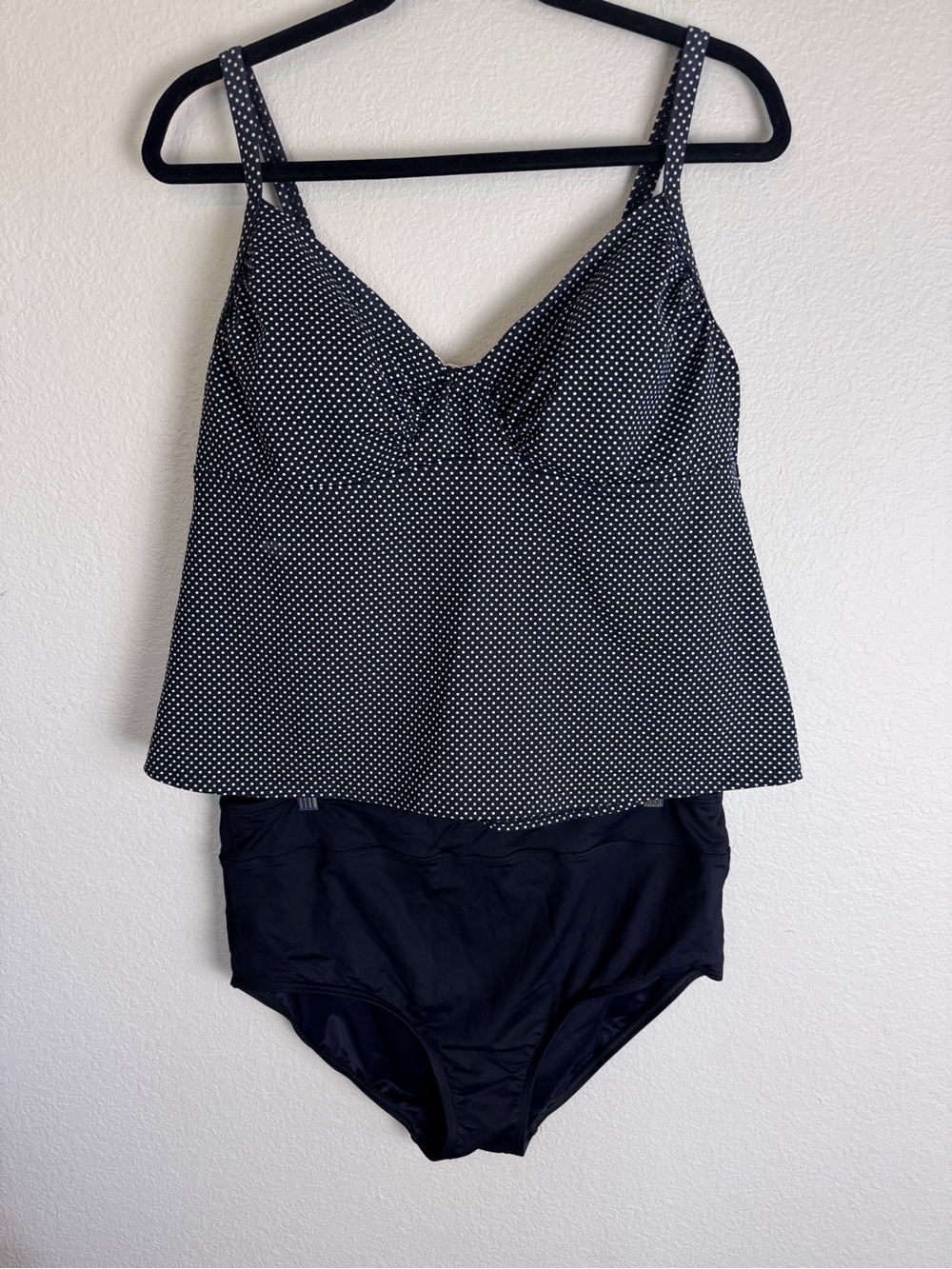 Lands' End 2-Piece Tankini Swimsuit Black/White Polka Dot Top, Bikini Bottom 14W